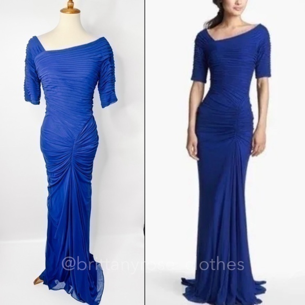 TADASHI SHOJI Asymmetrical Ruched Mesh Evening Formal Gown in Lake Blue
